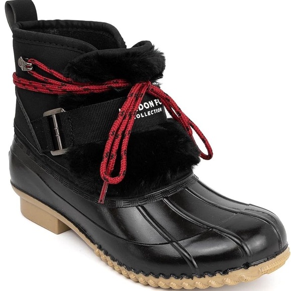 London Fog Women's Black and Red Winter Duck Boots Faux Fur - Picture 1 of 10
